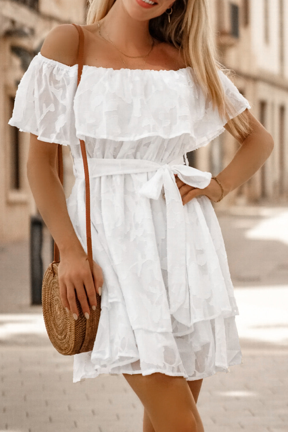 Applique Off-Shoulder Belted Mini Dress