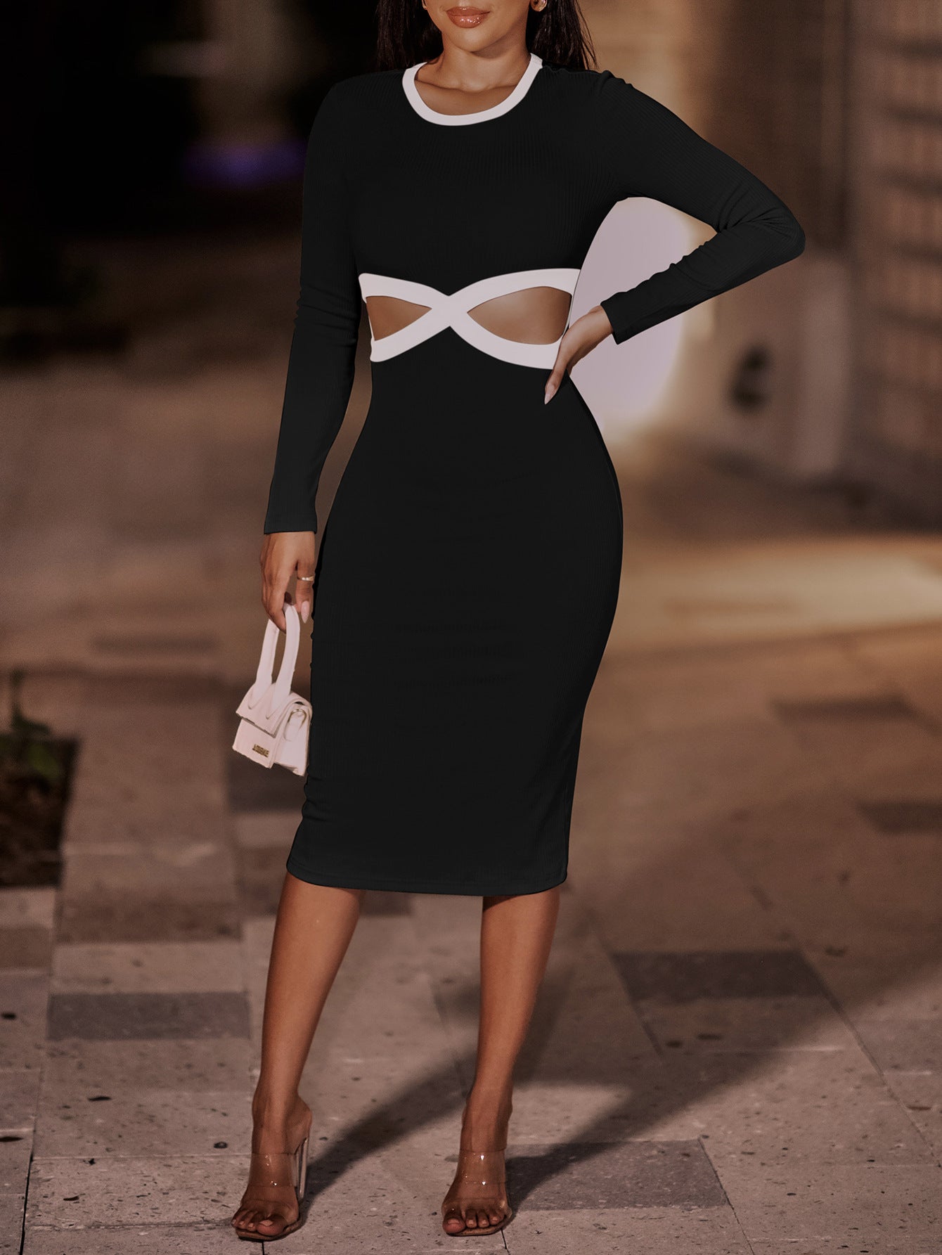 Contrast Cutout Ribbed Bodycon Dress