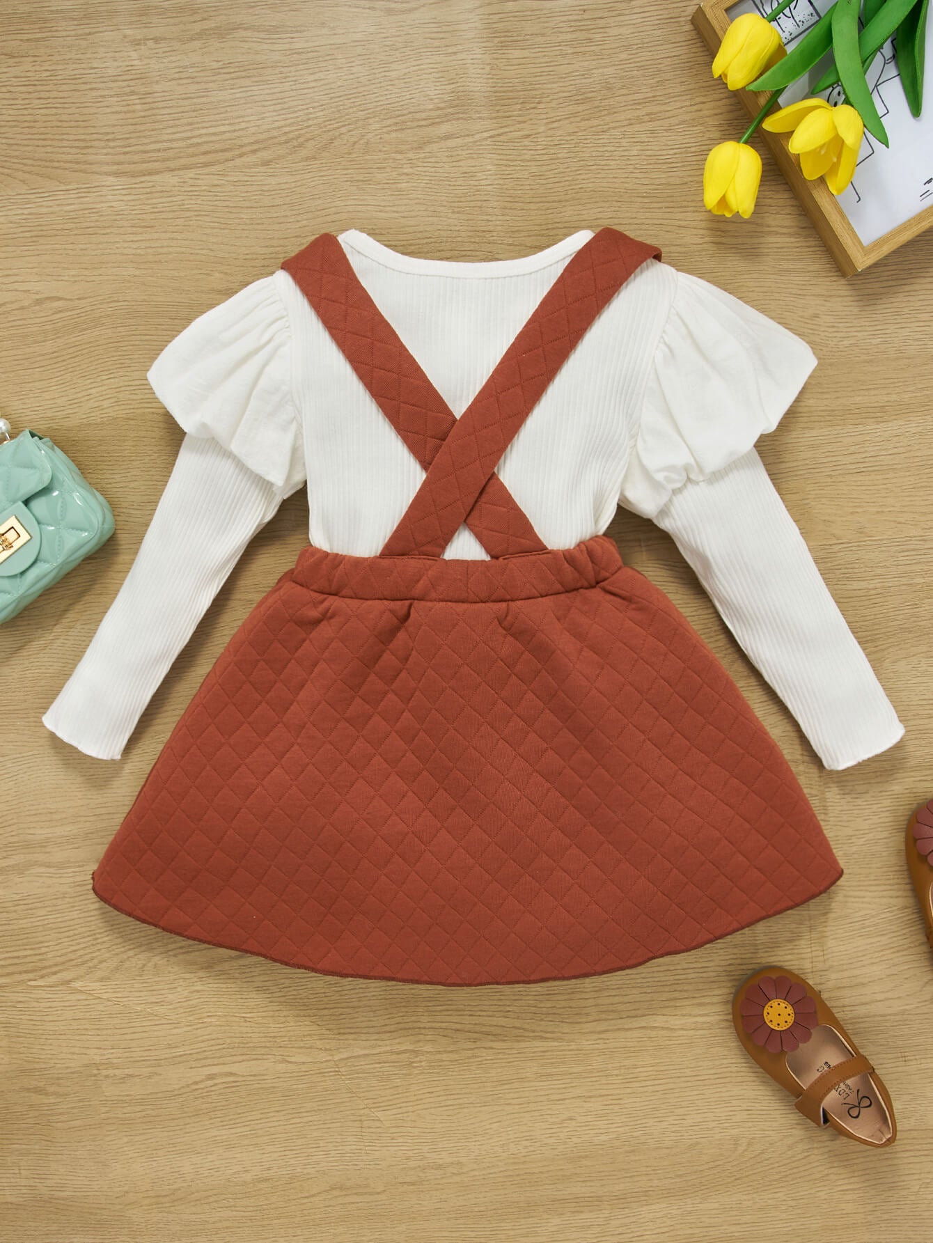 Girls Two-Tone Ribbed Top and Bow Pinafore Skirt Set