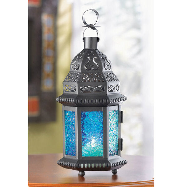Accent Plus Azure Glass Moroccan Candle Lantern - 10 inches