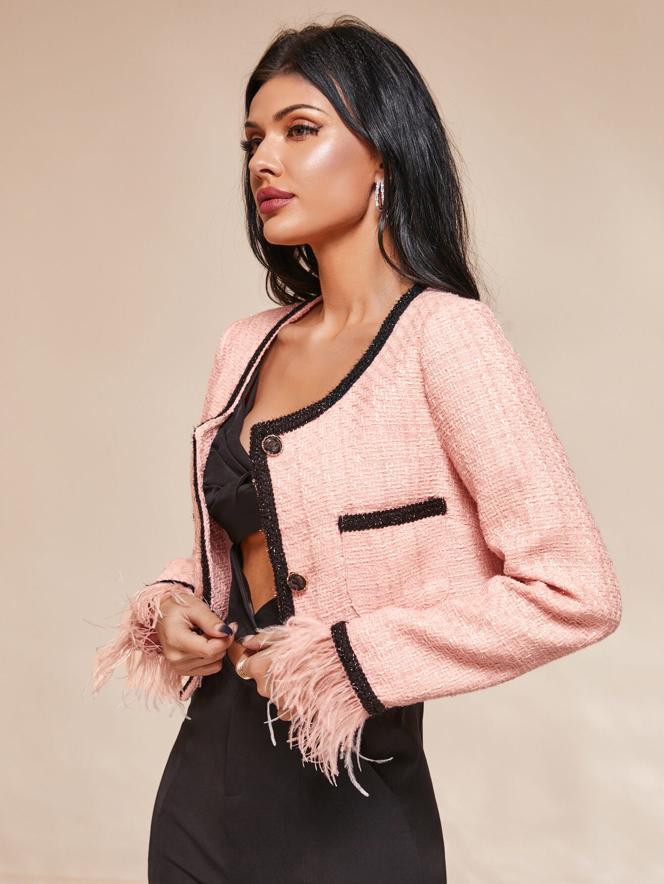 Contrast Feather Trim Cuff Cropped Jacket