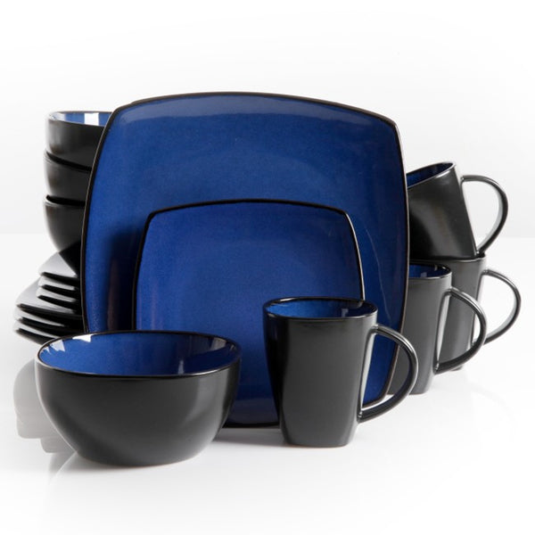 Gibson Soho Lounge 16 Piece Square Stoneware Dinnerware Set in Blue and Black